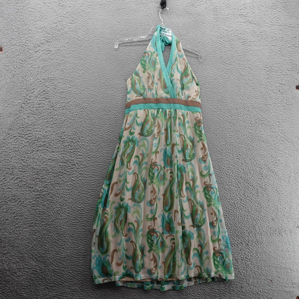 Jonathan Martin Pure Silk Halter‎ Midi Dress Size 10 Green Beige Floral Womens